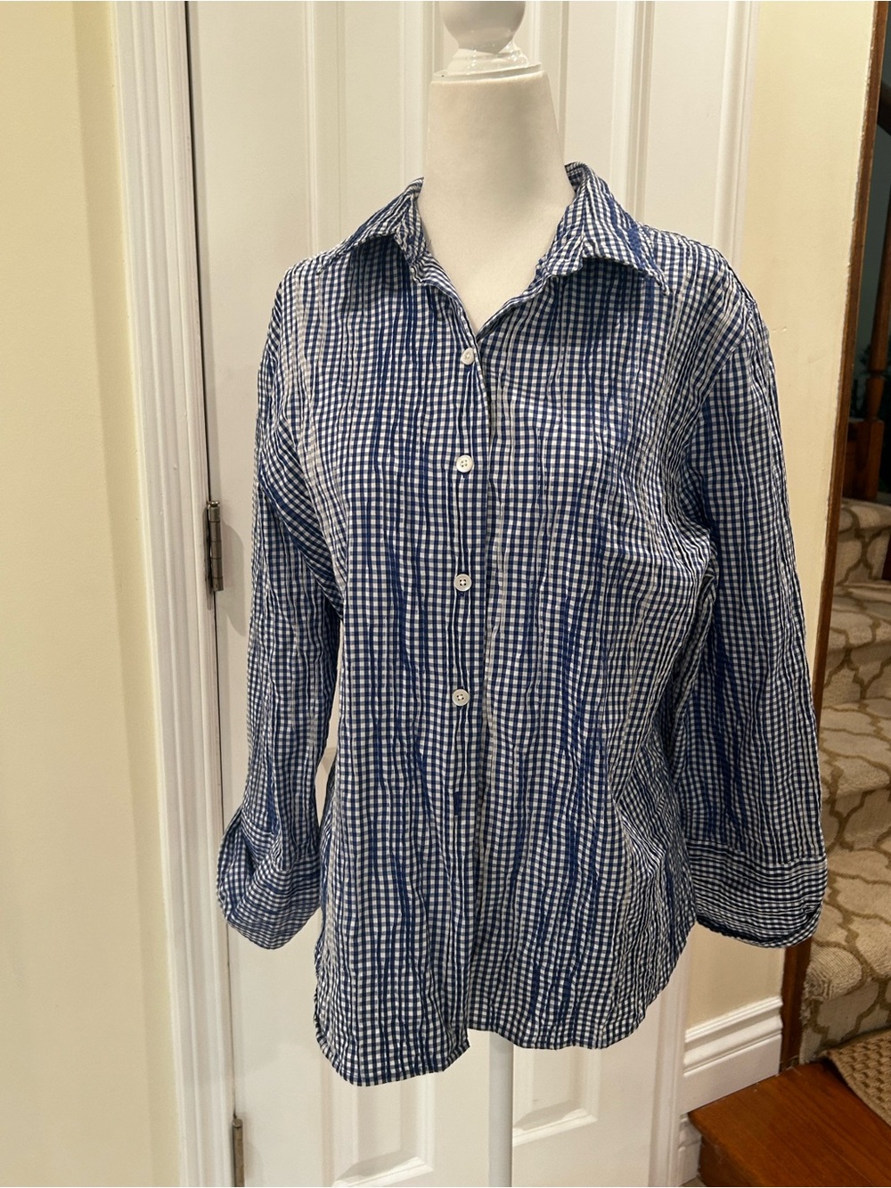 Foxcroft blue white Gingham Button Front Lightweight Classic Preppy Top - Picture 2 of 7